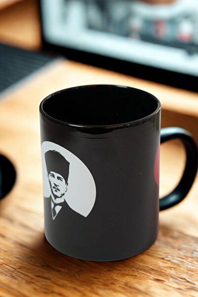 Ahinur Mutfak Atatürk with Love Black Porcelain Mug, Special Design Portrait Heart Printed 330 ml