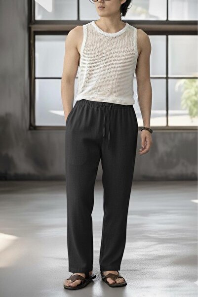 stg spor toptan giyim Men's Black Linen Muslin Wide Leg Trousers