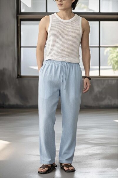 NO 601 Pantaloni largi pentru băieți, din amestec de in și muselină, albastru