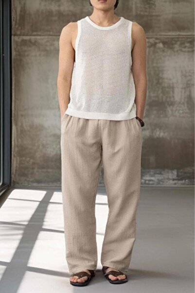 stg spor toptan giyim Men's Beige Linen Muslin Wide Leg Trousers