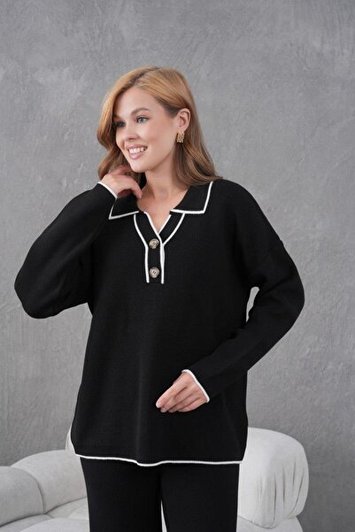 Işşıl 12265-Buttoned Pola Collar Knitwear Trouser Suit