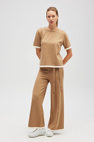 Peraluna Rumi Women's Knitwear Side Slit Cotton Blouse - Camel