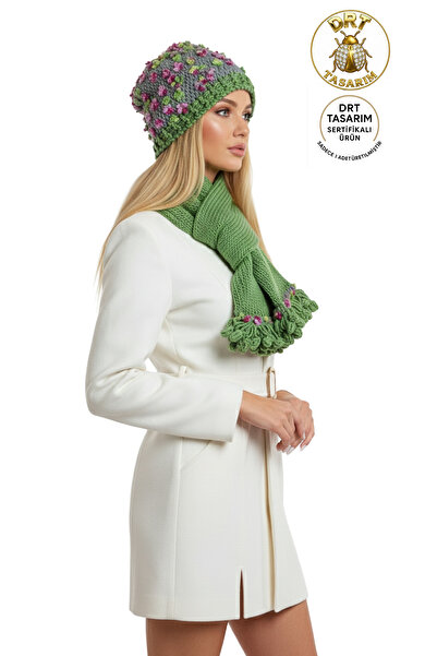 drt tasarım Embroidered Pattern Scarf and Beanie Set Dark Green Luxury Series