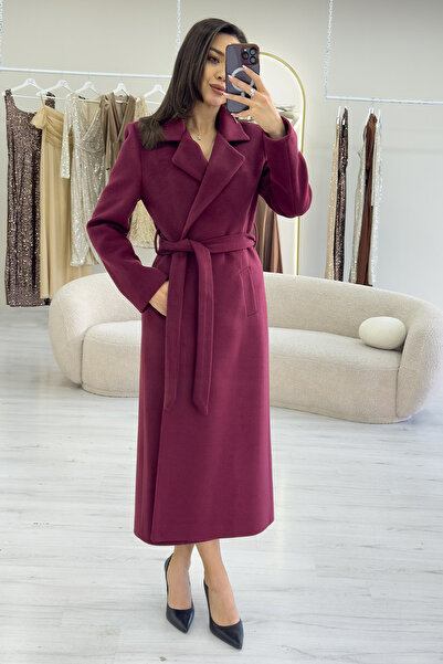 thezkscom Women's Lined Belted Cashmere Coat Beige, Burgundy, Navy Blue, Black