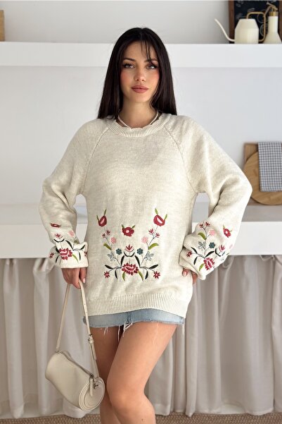 FEMELLE Pulover de tricotat cu broderie florală bej pentru femei, mărime standard, mâneci bufante