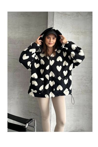 The Naz Line Kadın Siyah Beyaz Kapüşonlu Kalpli Peluş Mont ASTARLI