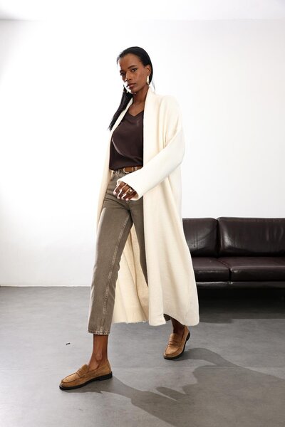 5in1Canpolat Ecru Shawl Collar Maxi Length Cardigan 2310006