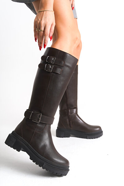 Ayakkabı Delisiyim Καφέ Δερμάτινες Γυναικείες Μπότες Αντιολισθητική Σόλα με φερμουάρ Emy