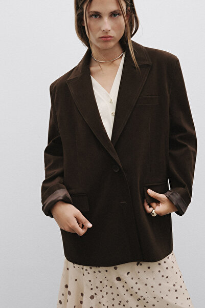 Pilea سترة بليزر من جلد الغزال باللون البني الشوكولاتة