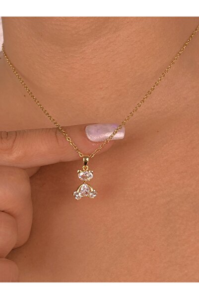 Furtek Aksesuar Minimal Teddy Bear Steel Gold Necklace Model Elegant Thin Chain Daily Gift