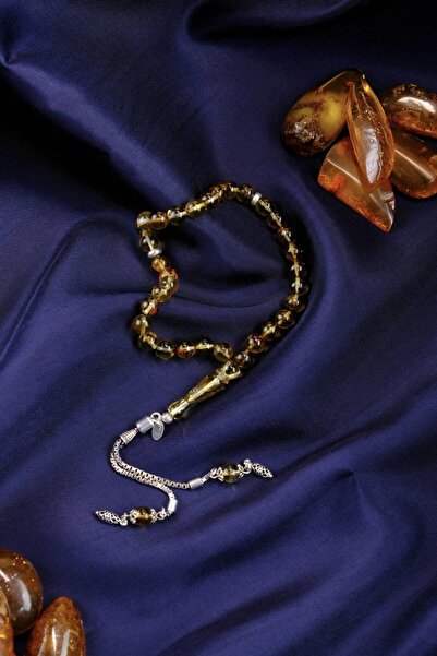 dergah tesbih Intense Earth Fossil Wrist-Length Silver Design Drop Amber Prayer Beads (Amber), (Amber Drop Prayer Beads)