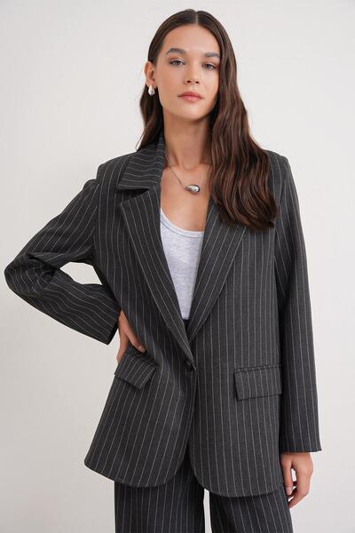 Mixray 4753 Women's Striped Oversized Blazer Jacket Anthracite