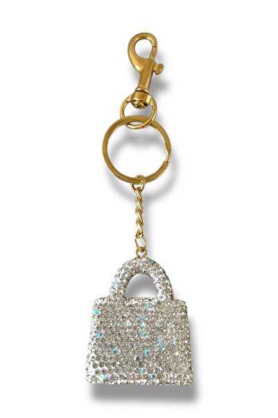 TAKIŞTIR حقيبة فضية اللون مع زخارف حجرية وسلسلة مفاتيح ذهبية اللون