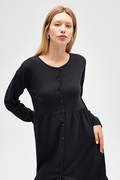 Peraluna Leah Shirred Buttoned Mini Knit Shirt Dress - Black