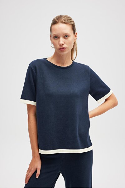 Peraluna Rumi Women's Knitwear Side Slit Cotton Blouse - Navy Blue