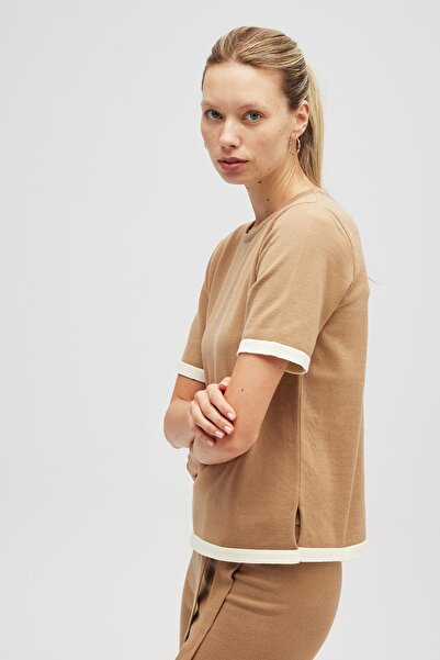 Peraluna Rumi Women's Knitwear Side Slit Cotton Blouse - Camel