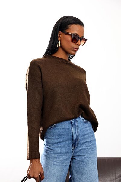 5in1Canpolat Brown Crew Neck Basic Sweater 7027