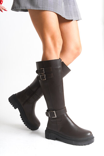 Ayakkabı Delisiyim Καφέ Δερμάτινες Γυναικείες Μπότες Αντιολισθητική Σόλα με φερμουάρ Emy