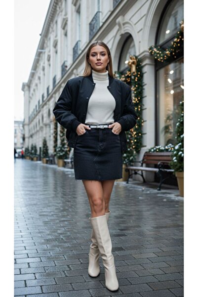 Dema Kadın Denim Yüksek Bel Etek Ucu Kesikli Mini Etek