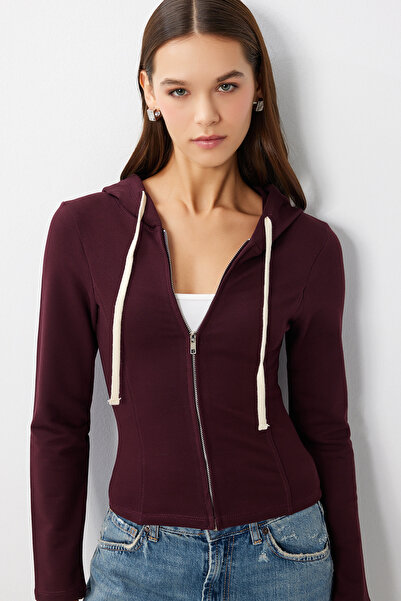 Lovelyİstanbul Kapüşonlu Fermuarlı Örme Sweatshirt LUB0294 BORDO
