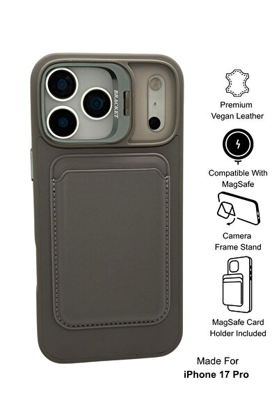 Paladyum Case iPhone 17 Pro Uyumlu Premium Titanyum Gri Deri Magsafe Cüzdanlı...