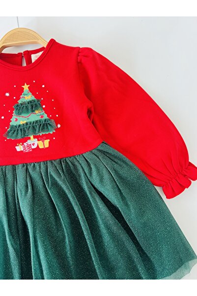 COLORED BABY Girl's Lined Tulle Skirt Balloon Sleeve Christmas New Year Themed Red Dress