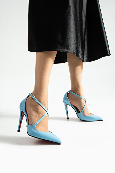 Güllü Shoes Blue Patent Leather Cross-Strapped Pointed Toe Thin Heeled Women's Stiletto Elegant Evening Dress Heeled Shoes