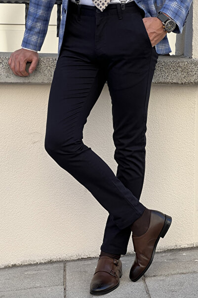 NAZEF Self-Patterned Side Pocket Textured Navy Blue Classic Canvas Cotton Trousers