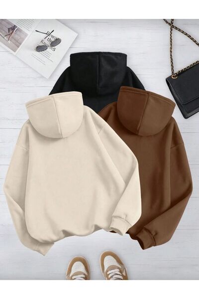 trendgar 3 LU Прав качулат бежов черно кафяв унисекс суитшърт с кенгуру джоб