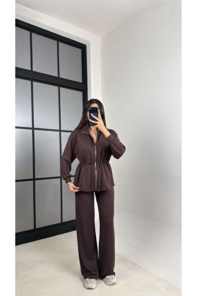 Gaus Brown Drawstring Waist Cardigan Pants Two-Piece Modal Set Gaus-00571