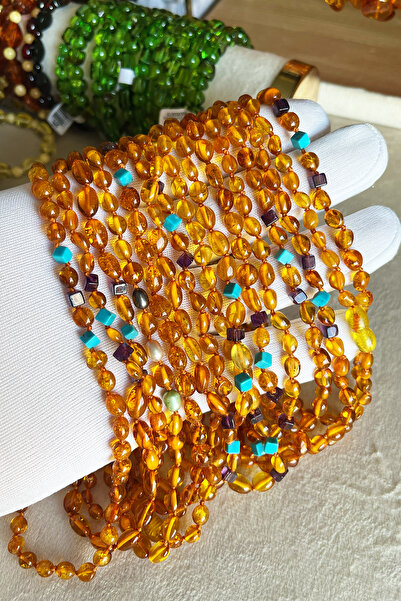 İpek Kehribar Yassı Karamel Original Drop Amber Baby Girl & Child Necklace – Turquoise Amethyst Stone Silk-345