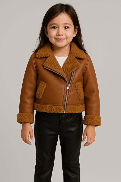 Riccotarz Girl's Brown Jacket with Plush Detail on the Sleeves and Collar Mock Neck Sweater Leather Bottom Top Set