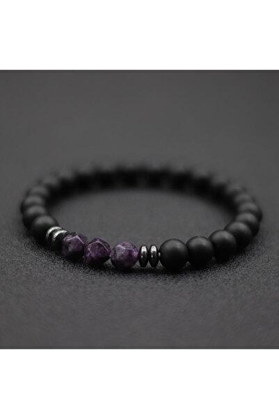 Choice سوار رجالي عصري من حجر الجمشت الأسود بحجر العقيق غير المنتظم وحجر سودا...