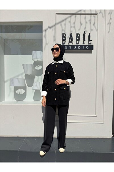 Babil Butik Moon Shirt Detailed Tweed Jacket Black