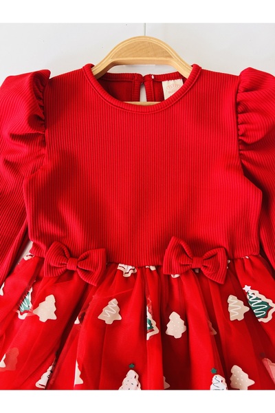 COLORED BABY Girl's Watermelon Sleeve Christmas New Year Themed Red Dress and Crown Set