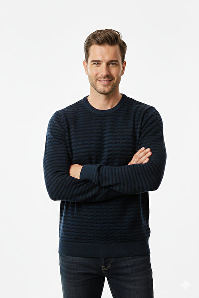 Pulltonic Erkek Bisiklet Yaka Çizgili Triko Kazak | %70 Pamuk