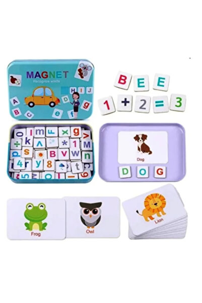 Almido Magnetic alphabet set — 74 pieces, 30 illustrated cards, metal box 17x...