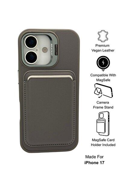 Paladyum Case iPhone 17 Uyumlu Premium Titanyum Gri Deri Magsafe Cüzdanlı Kar...