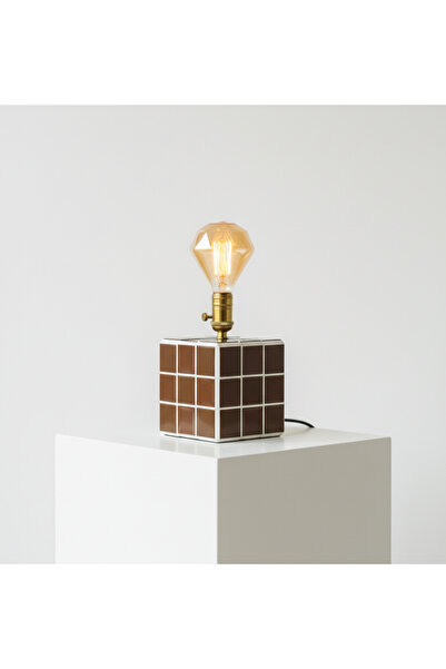 EVİST El Yapımı Parlak Kahverengi Seramik Kare Tabanlı Masa Lambası E27 Duy, Kırılmaz Elmas Formlu Ampul