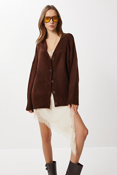 Lovelyİstanbul Oversized Plain Knitwear Cardigan Lnf0027 Brown