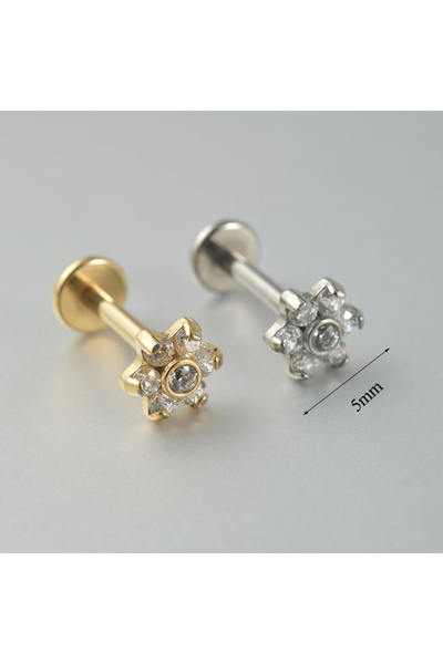 Choice نمط فضي مكون من زهرتين قطعة واحدة ASTM F136 تيتانيوم زركون شحمة الأذن مسطحة الظهر شحمة الأذن حلزونية تراجوس صليب القمر