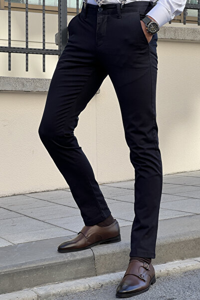 NAZEF Self-Patterned Side Pocket Textured Navy Blue Classic Canvas Cotton Trousers