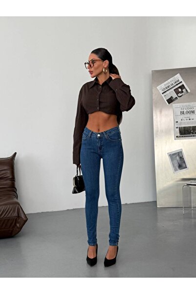 HerTon Koyu Mavi V-Yaka Bel Detaylı Skinny Jean