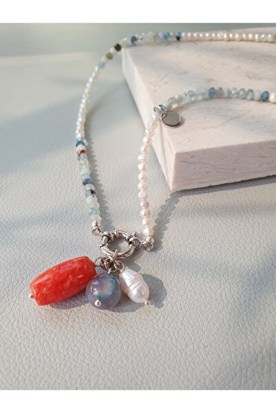 Abundo Cultured pearl and aquamarine necklace with pearl, jade and agate pendant with 925 silver, 54 cm