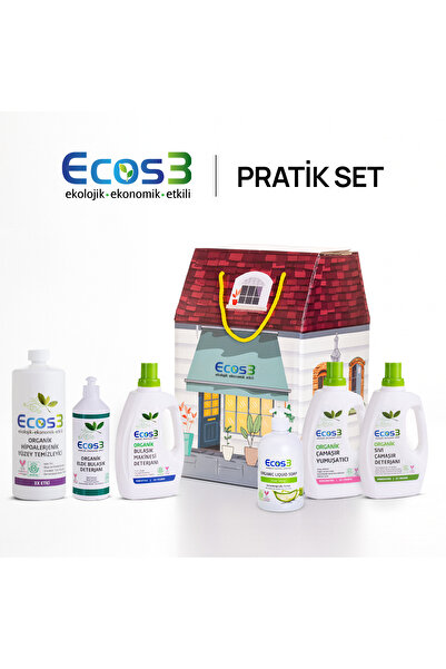 Ecos3 Organik Pratik Set | 6’lı Doğal Temizlik Seti Deterjan, Yumuşatıcı, Sabun ve Yüzey Temizleyici