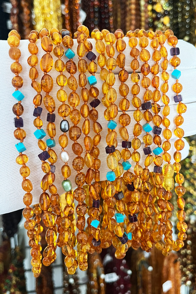 İpek Kehribar Yassı Karamel Original Drop Amber Baby Girl & Child Necklace – Turquoise Amethyst Stone Silk-345