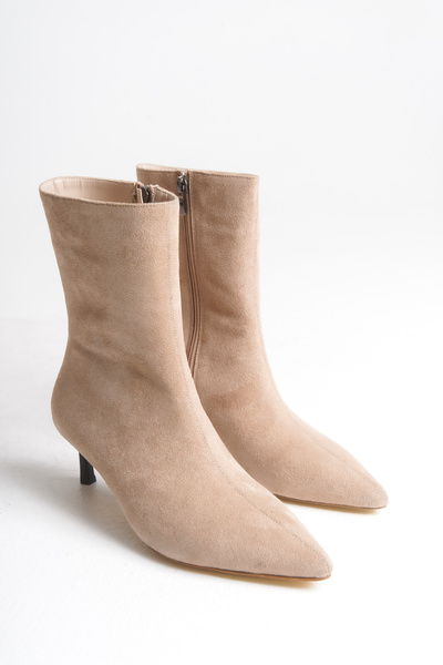 LDR Kadın Bej Süet Sivri Burun İnce Topuklu Fermuarlı Bot