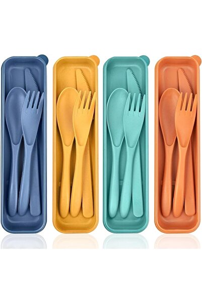 COOYA Reusable Utensils Set with Case,4 Sets Wheat Straw Portable Knife Fork Spoons Tableware