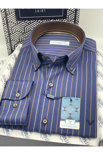 Fitmens Slim Fit Long Sleeve Premium Striped Collar Buttoned Men's Shirt with Gift Box Fs-004334 - Navy Blue Coffee