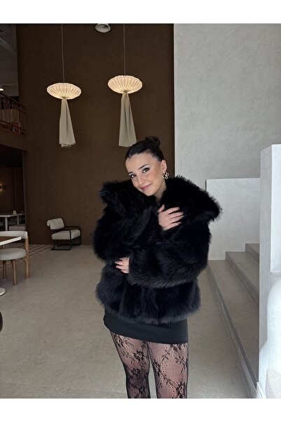 MahraWear Siyah Kruvaze Premium Kürklü Kaban